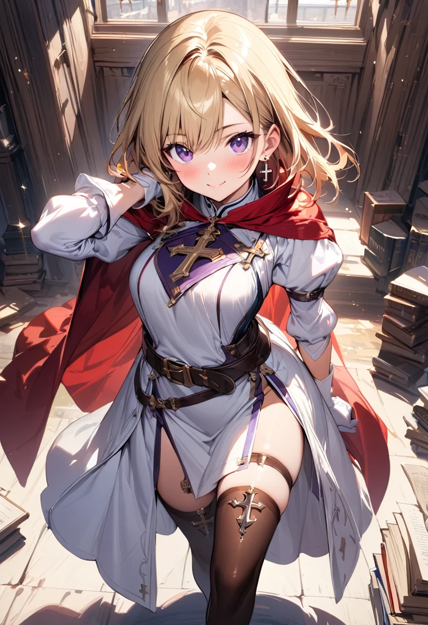 (masterpiece),(best quality),(ultra-detailed),(best illustration),(best shadow),(absurdres),(detailed background),(very aesthetic), 1girl, solo, smile, boots, blonde-hair, purple-eyes, gloves, looking-at-viewer, thighhighs, full-body, cape, white-gloves, dress, red-cape, closed-mouth, white-dress, side-slit, book, long-sleeves, simple-background, standing, brown-thighhighs, brown-footwear, outline, belt, knee-boots, cross, jewelry, juliet-sleeves, tabard, medium-hair, earrings, blush, hand-in-own-hair, puffy-sleeves
