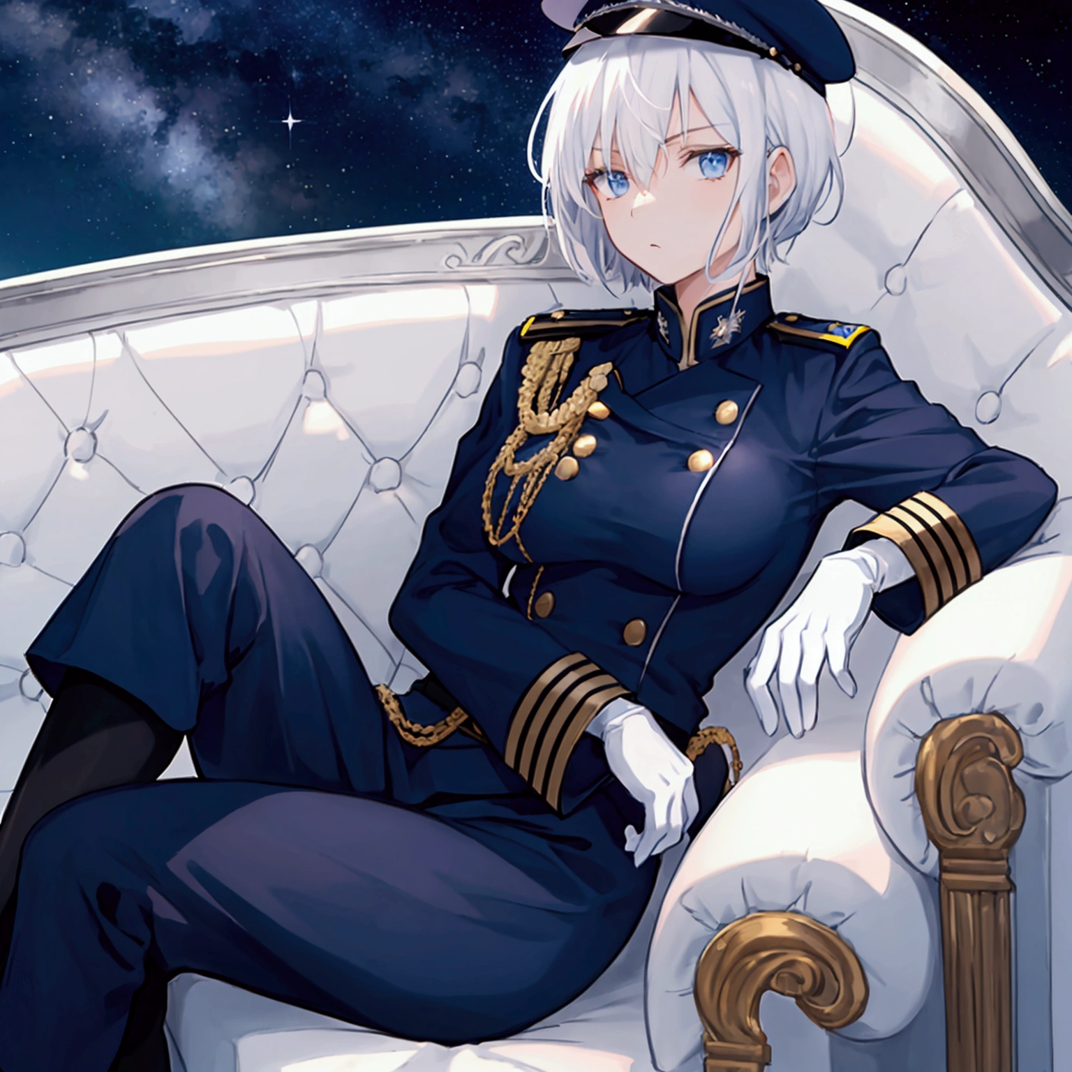 Night sky background, night time, Military uniform, dark blue uniform, short white cape, white glove, military cap, 1woman, white hair, shining hair, medium-large breast, sitting on couch, facing viewer, arrogant,
