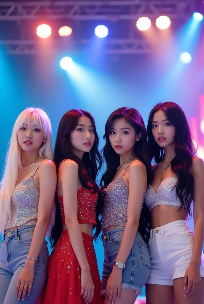 Four Korean girls who sing k-pop
One with white hair and a super cute face
Another with a burning gaze and thick lips
Another with black hair and very beautiful
And another with very pretty 