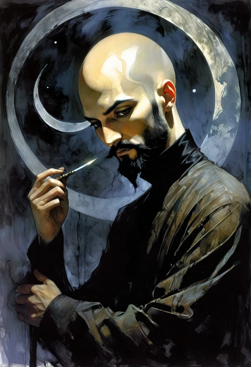 young man, very thin, bald, with black beard, magician, wrapped in dark energies, black energies, magic, moon, black and white image, between shadows, oil painting, chiaroscuro, dramatic lighting, moody atmosphere, photorealistic, intricate details, masterpiece, ultra-detailed, high quality, 8k, best quality, realistic, cinematic, dark and brooding, expressionistic, powerful composition, emotional impact, art inspired by Bill Sienkiewicz and Dave McKean