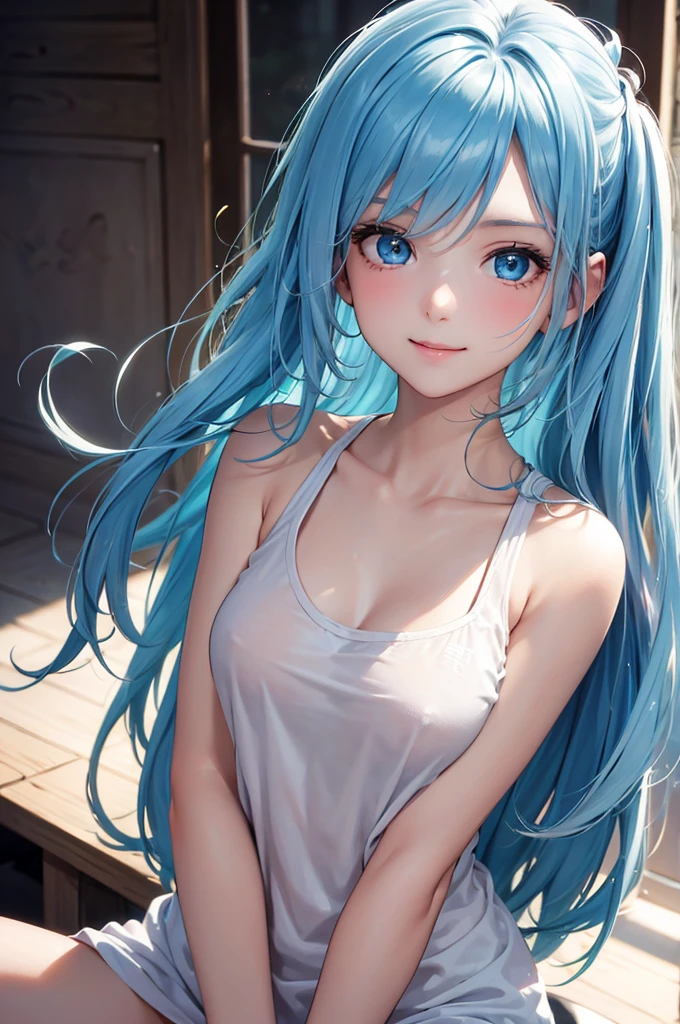 Best Quality,High resolution,8k,finelity detailed background,Masterpiece:1.2),beautiful girl,Shiny light blue hair,messy hair,Light blue eyes,Gentle look,A refreshing look,smile,Best quality,Best Quality,Aesthetic and aesthetic:1.2,Best details((Super detailed))(High-definition CG illustrations),Tank top,Sportswear,Slender body,Inside the room,smile,blush,cute,Scrounge,Looking up,Being spoiled,super model