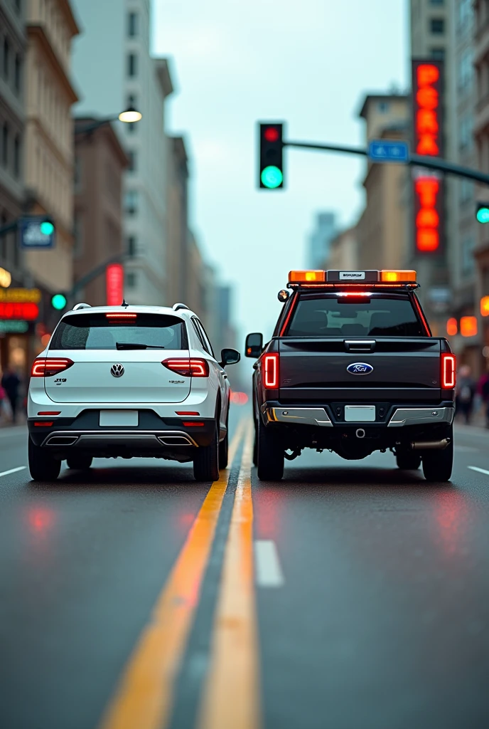 Two cars on the road, the first a white Volkswagen Saveiro Cross, the second a Ford F350 pickup truck used as a tow truck on a double lane. approaching a traffic light. The first car is in the left lane and the second car is in the right lane. The first car tried to go into the right lane and hit the truck. Show back angle