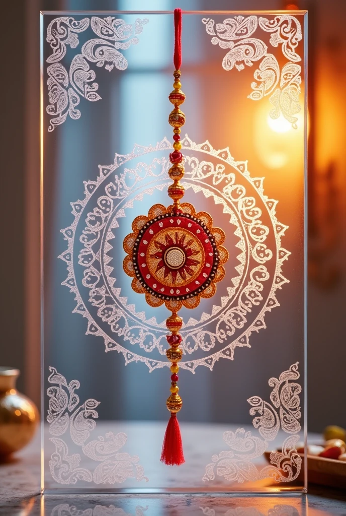 Create me a creative graphic design of glass sheet for raksha Bandhan