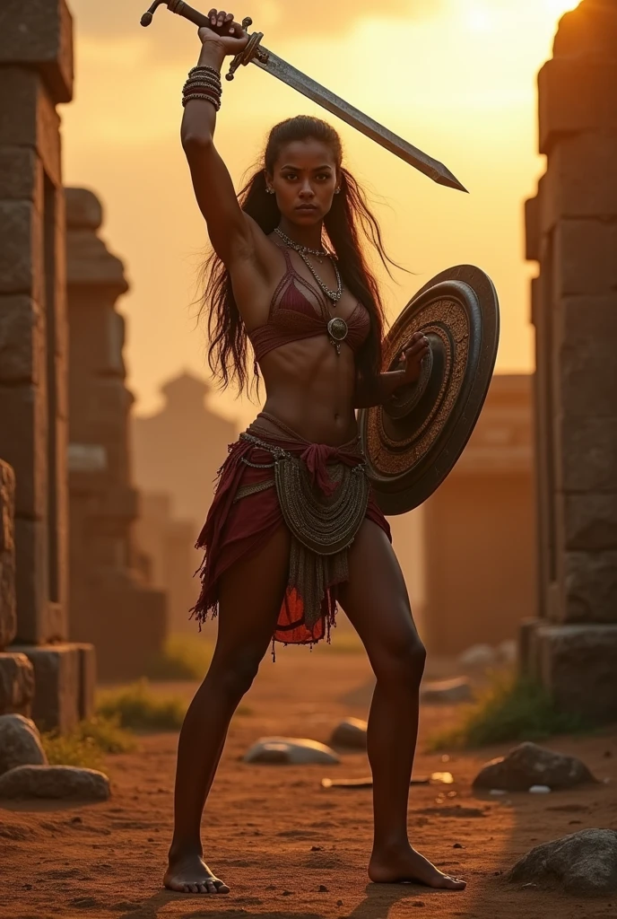 Kalari woman with sword on one hand above head and shield in the other hand, raising from the ground with warrior pose and has very fierce eyes, muscular lean body and long hair, eyes directed to the audience