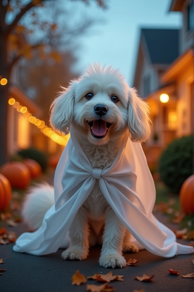A dog dressed as a ghost