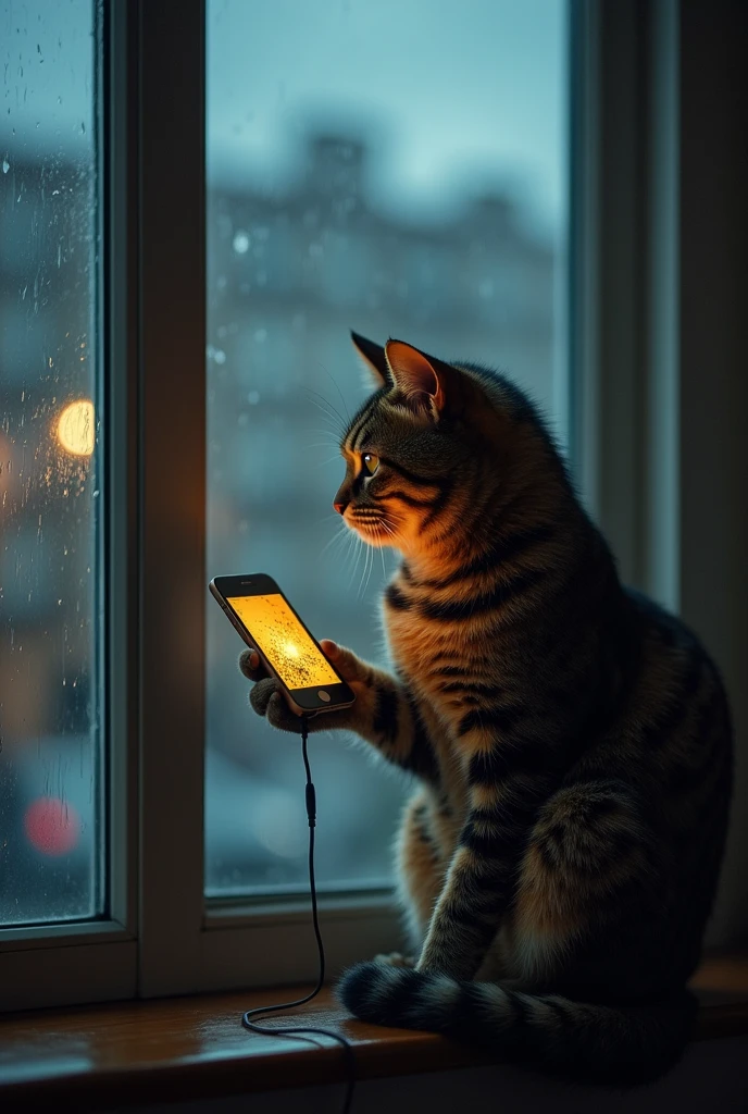 Tabby cat with a sad golden cell phone