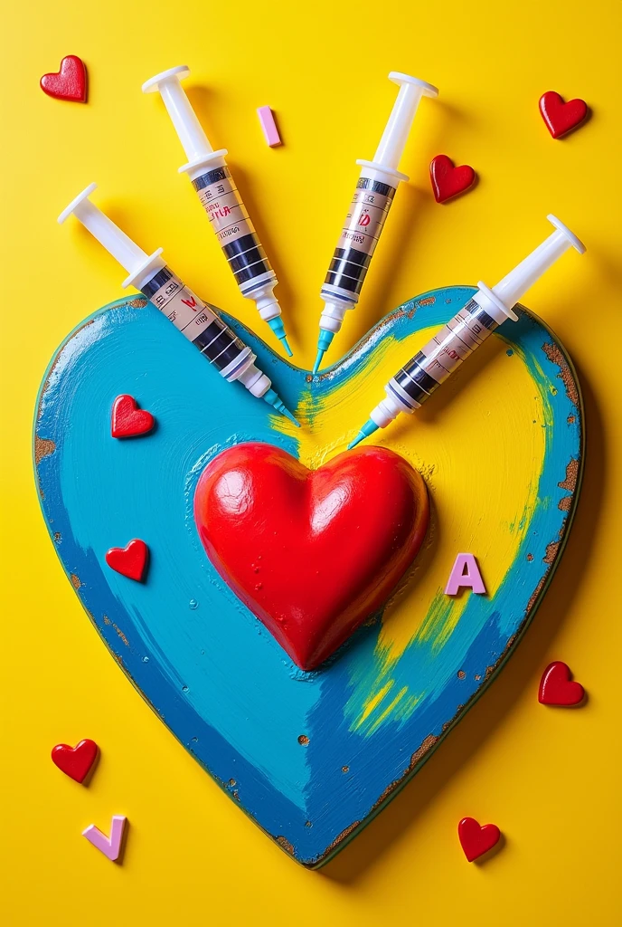 Heart with four syringes stravezandolo, each one with one of the letters V I D A inside each one, the heart is yellow and blue with a smaller red heart in the middle, Flat image texture with no 3D effect with more syringes and hearts around 