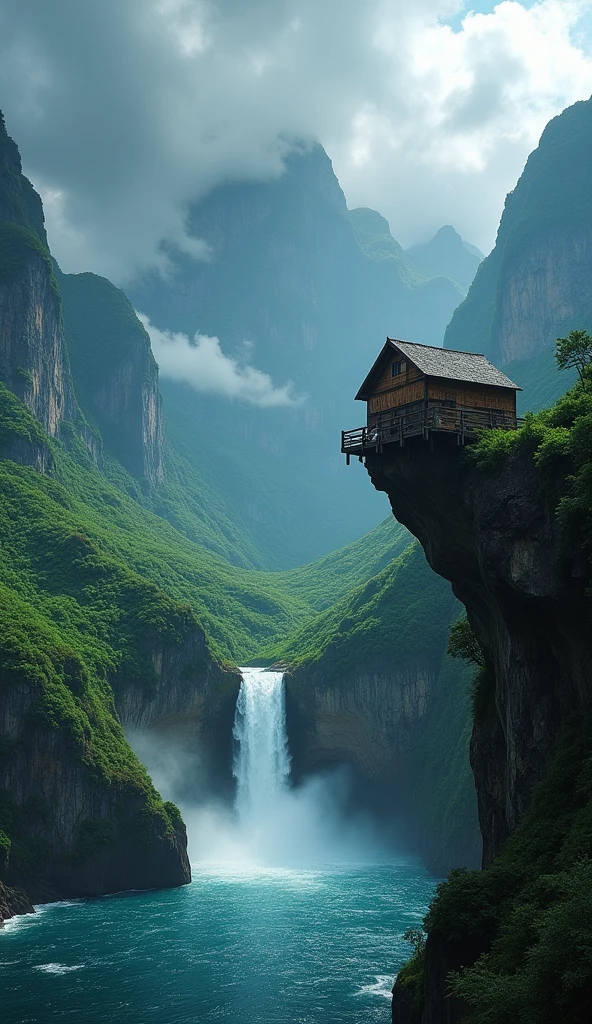 
a highest mountain in largest circle shape
on this upper side a hut is falling down in big size but its lower side a waterfall running weather is too much cloudy like storm is coming ,everywhere greenery mountains ,but in center a ocean in present