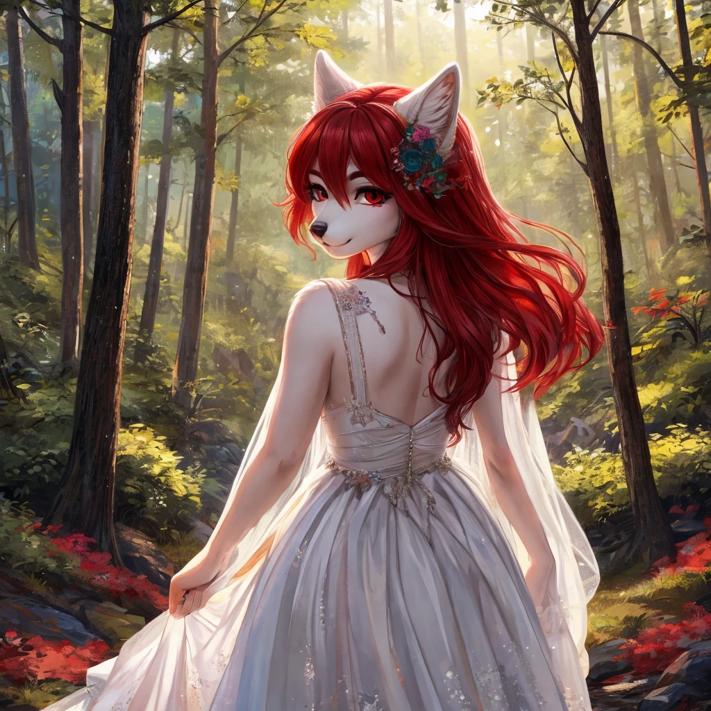 Feminine wolf, Red hair, white fur, Eyes red, wearing a white dress, forest in the background, realisitic