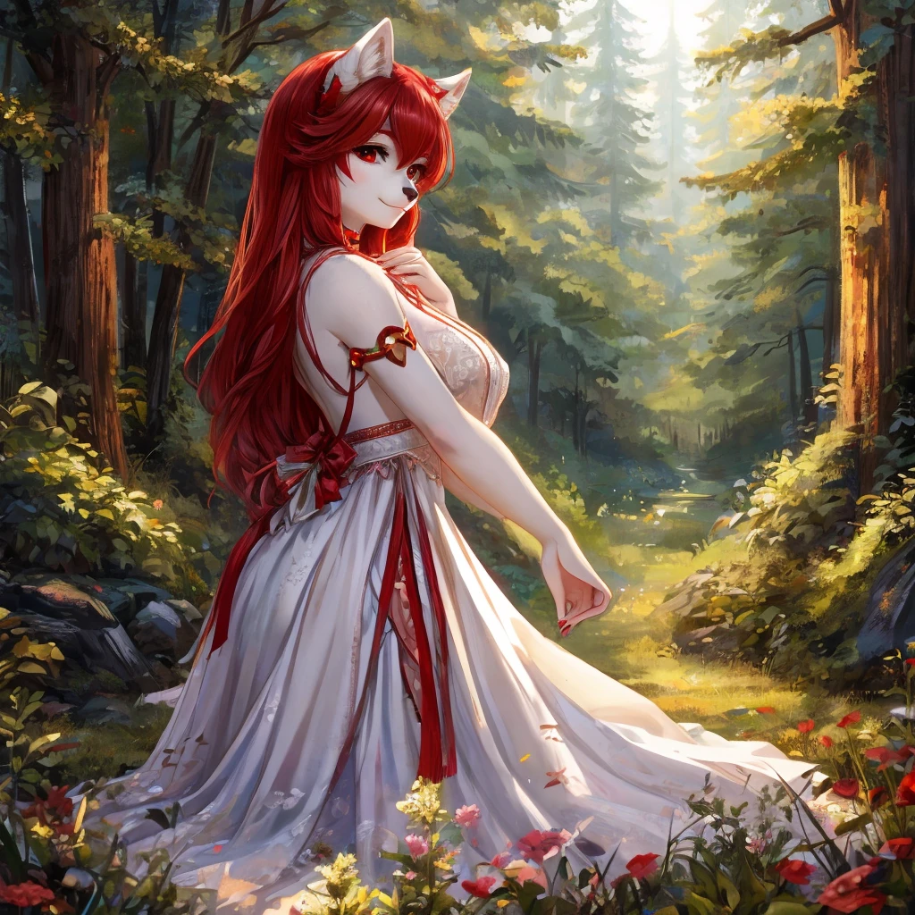 Feminine wolf, Red hair, white fur, Eyes red, wearing a white dress, forest in the background, realisitic