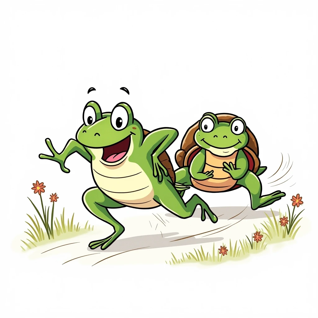 Frog right in front of the turtle, during a race. line drawing style for children's coloring on white background