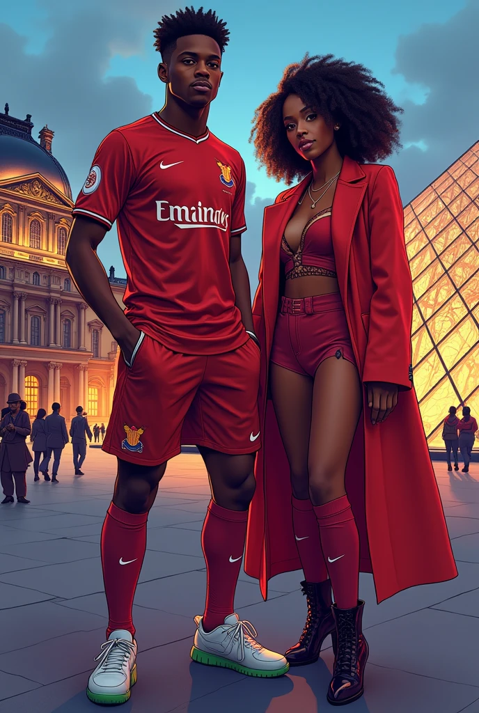 Illustration of footballer Jobe Bellingham alongside singer Tyla in front of the Louvre Museum
