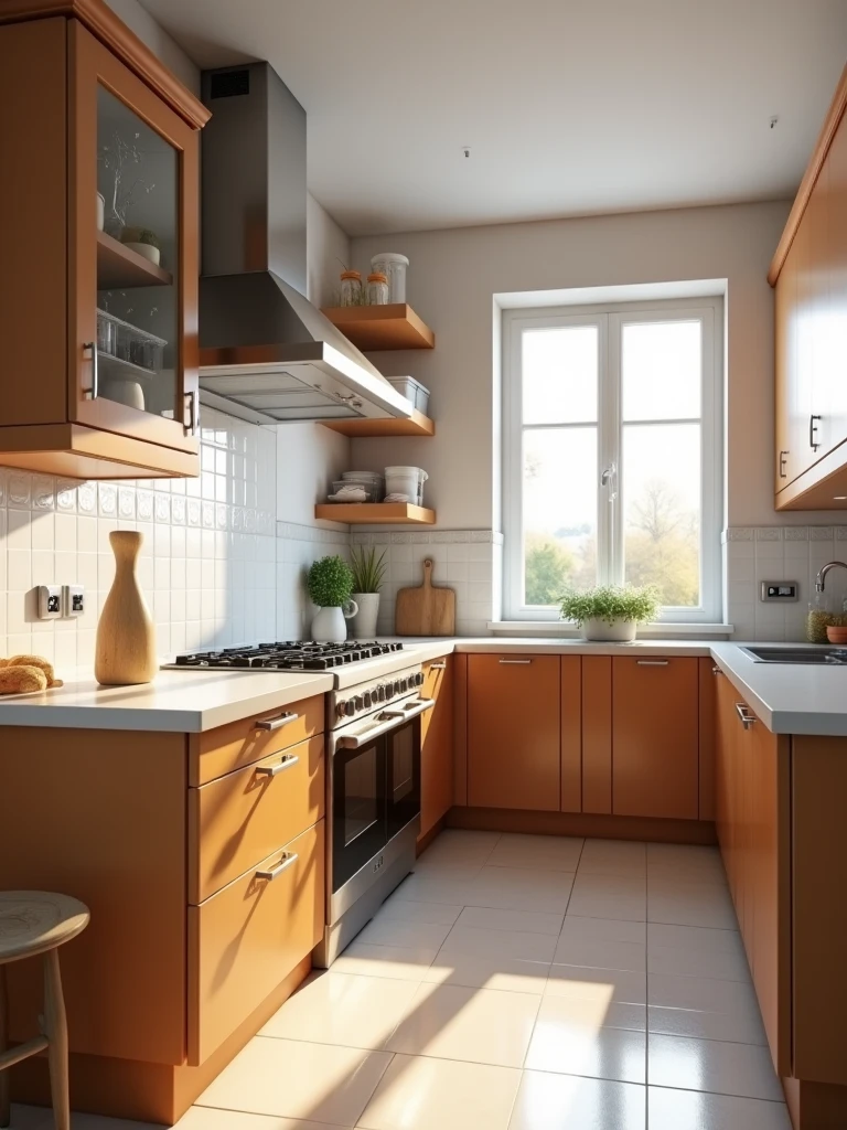 kitchen, area 2.20 *3.20 m , hight 3 m , daylight, wooden Kitchen cupboard , Gas stove with a large extractor hood, white ceiling, ceramic flooring, A comprehensive shot of the entire kitchen