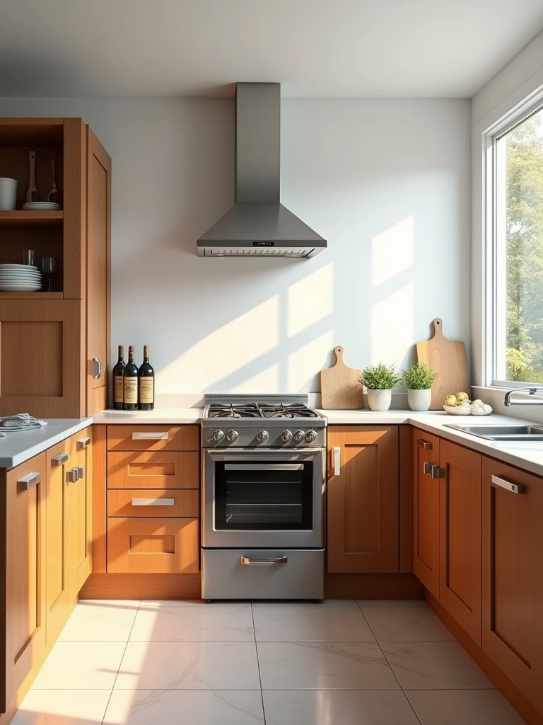 kitchen, area 2.20 *3.20 m , hight 3 m , daylight, wooden Kitchen cupboard , Gas stove with a large extractor hood, white ceiling, ceramic flooring, A comprehensive shot of the entire kitchen