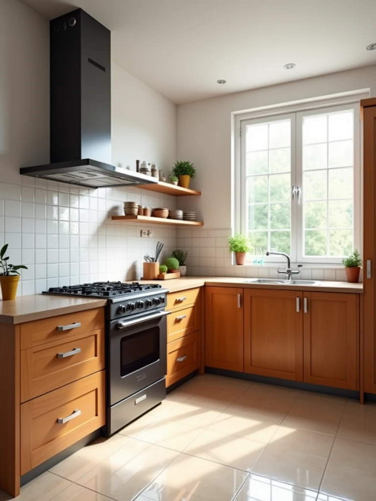 kitchen, area 2.20 *3.20 m , hight 3 m , daylight, wooden Kitchen cupboard , Gas stove with a large extractor hood, white ceiling, ceramic flooring, A comprehensive shot of the entire kitchen