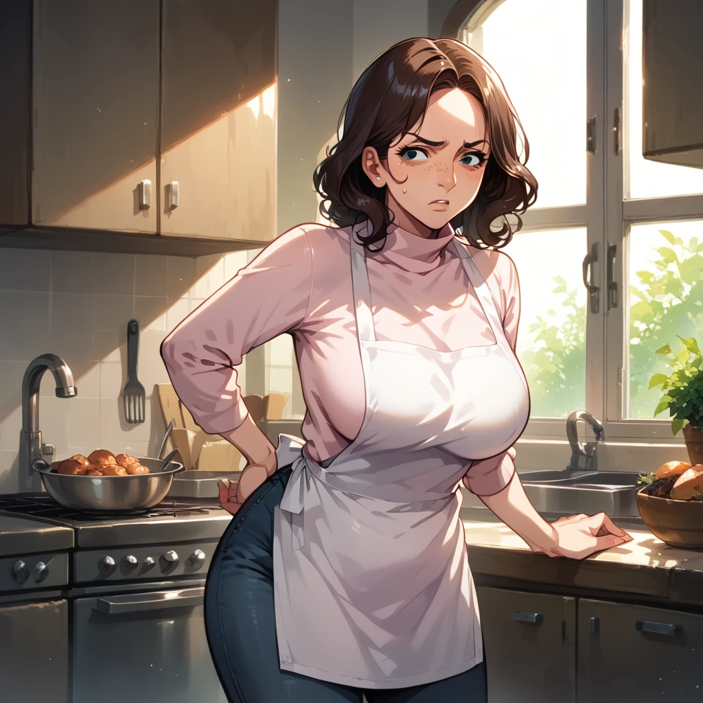 MILF Tsundere, wearing a pink turtleneck sweater, black denim pants and an apron, she's at a door