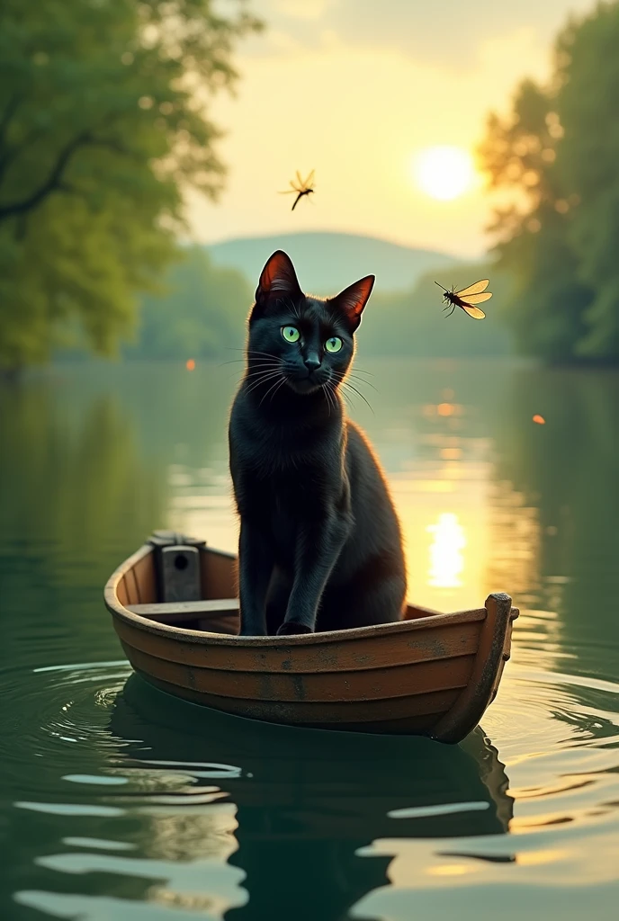 A black cat standing on its hind legs in a boat 