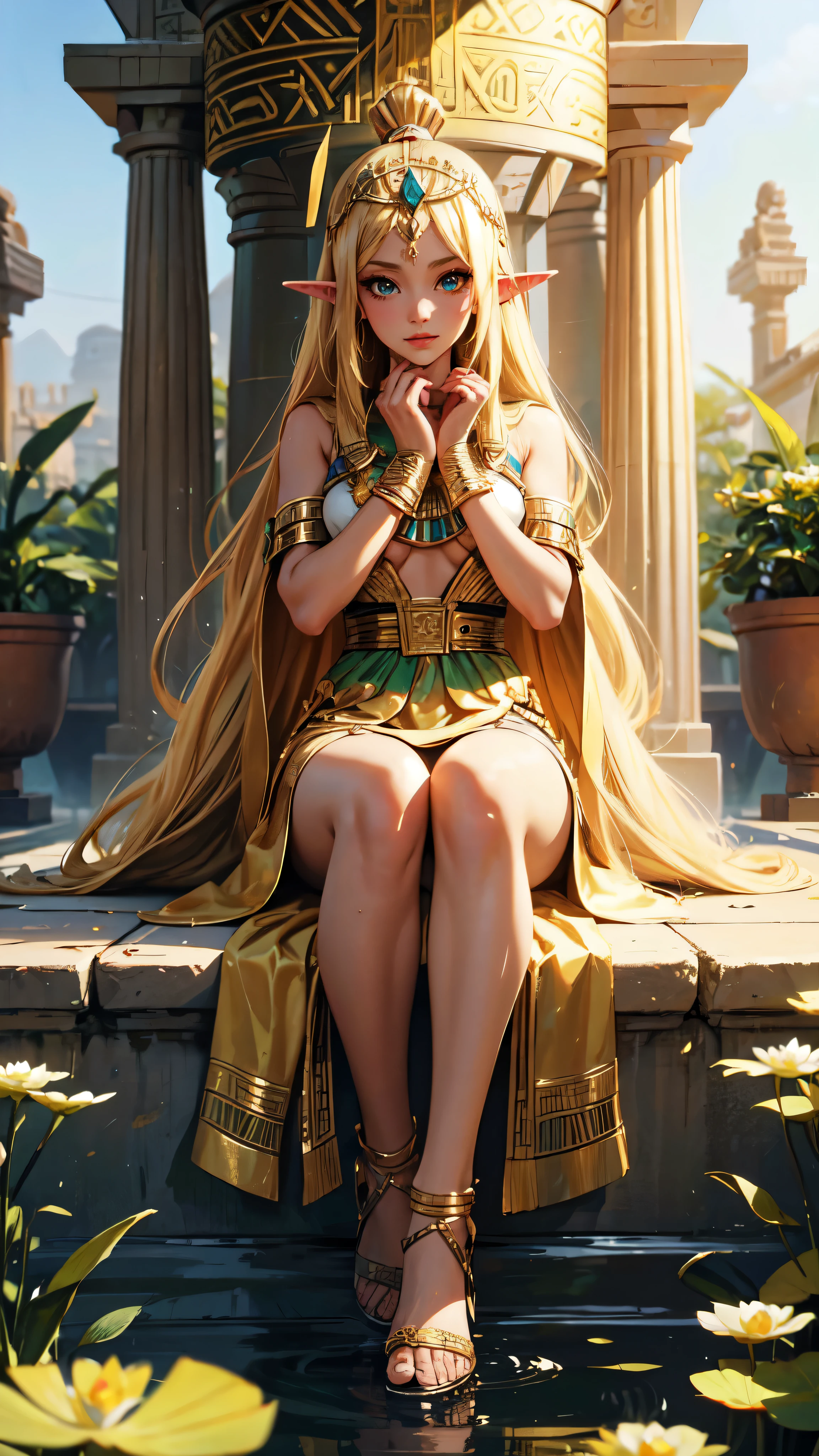1 Girl,Blonde hair，straight blonde hair，Egyptian clothing，Egyptian Dress Up，Egyptian Queen，Welcome，Young girls，Emerald eyes，Exquisite eyes，beautiful face，Stand by the lotus pond，Detailed CG，image，beautiful，Smooth and fair skin，Ultra high quality，Egyptian Eyeliner，Egypt Baotou,etailed eyes, detaield hands, detailed face, elf woman, full body

