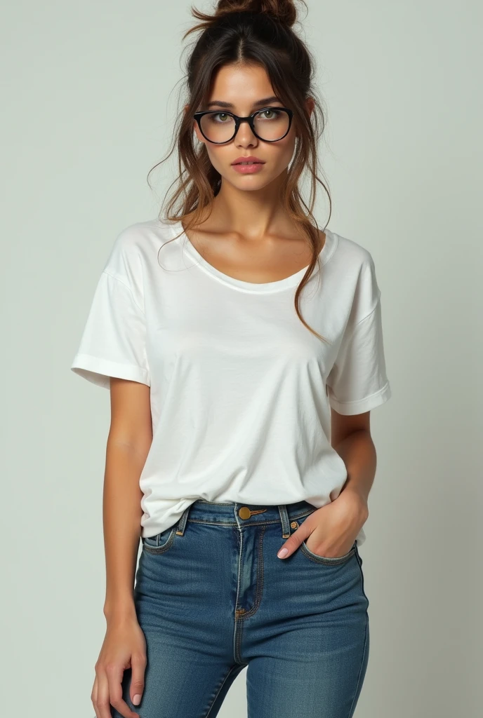 Un personnage au style hyper réaliste, plan large, une femme de 35 ans aux cheveux vert foncé et aux mèches brunes, portant de fines lunettes, expression sérieuse, bouche fermée. Elle est attirante et sexy, aux yeux marron, portant un t-shirt blanc moulant et un jean skinny, buste complet visible, avec ses cheveux en chignon haut. Elle regarde la caméra de face. Photoréaliste, complexe, hyper réaliste