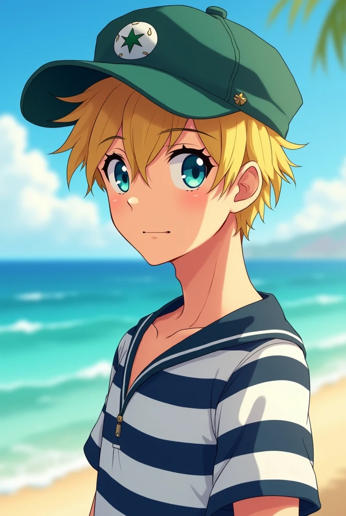 Chico, of average height but he is handsome, His hair is blonde, he wears a dark green cap, his eyes are a blue-green, and he wears nautical style clothes. anime style.
