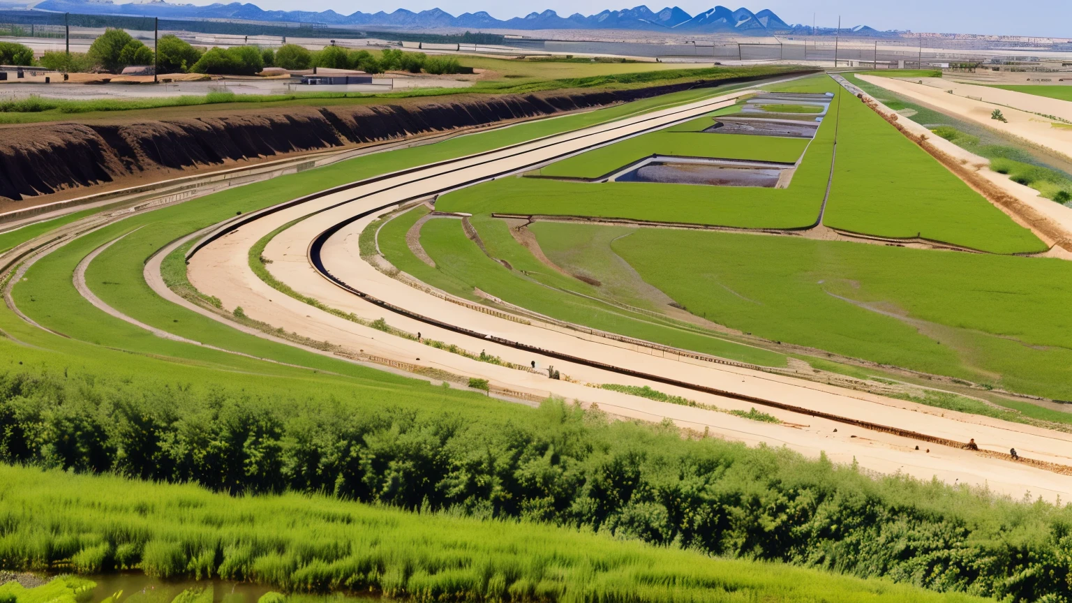 yū, The large, watching with pride as the (((workers shape the land))) around the irrigation canals, [creating a landscape] complex and impressive.