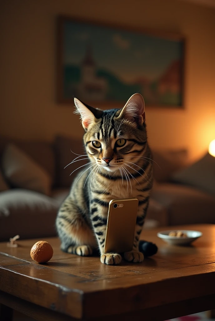 Tabby cat with a sad golden cell phone