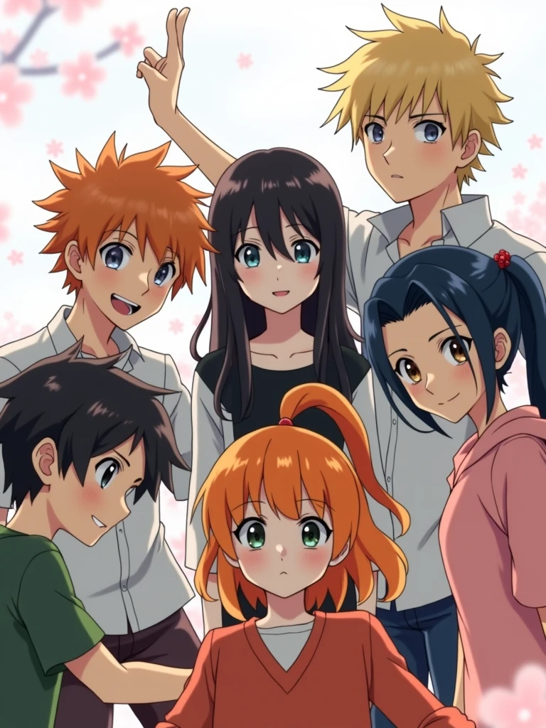 Six people, A guy with long black hair, with grey eyes, Beautiful face, beautiful body, guy with orange hair, blue eyes, girl with very short black hair, black eyes, blond guy with brown eyes, girl with short orange hair tied in a ponytail, девушка с длинными чёрными волосами и blue eyes, anime art, masterpiece, realistically