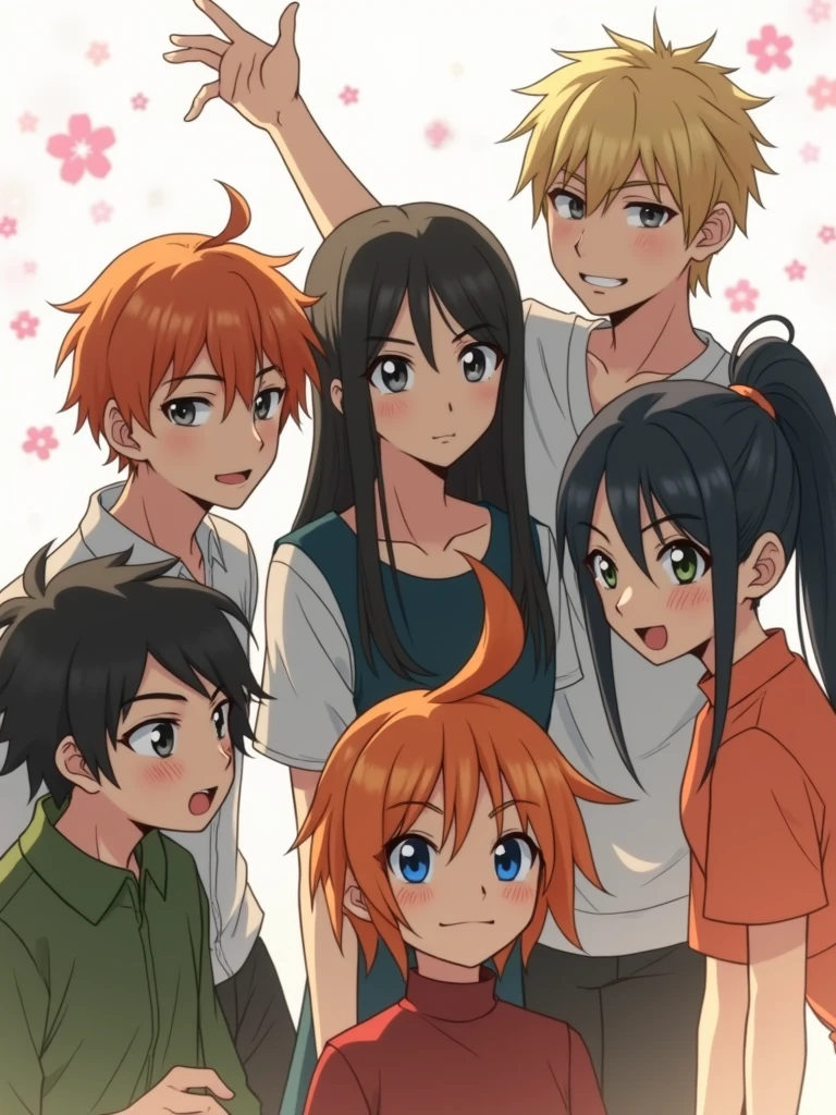 Six people, A guy with long black hair, with grey eyes, Beautiful face, beautiful body, guy with orange hair, blue eyes, girl with very short black hair, black eyes, blond guy with brown eyes, girl with short orange hair tied in a ponytail, девушка с длинными чёрными волосами и blue eyes, anime art, masterpiece, realistically