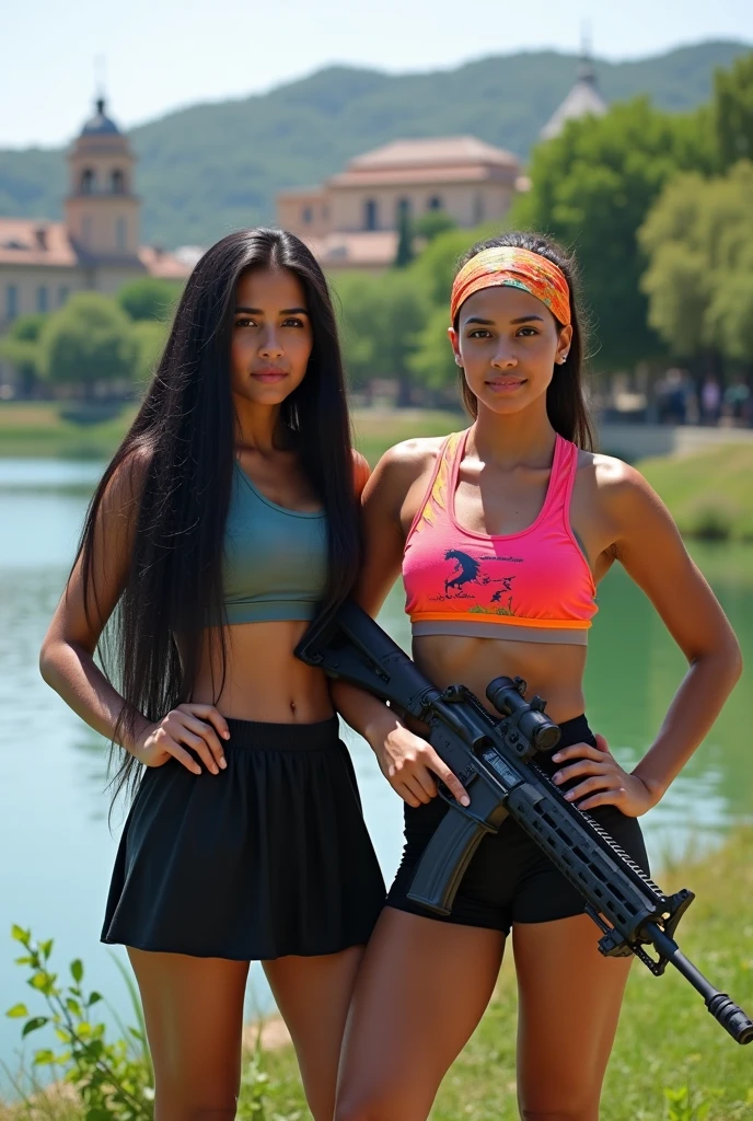 There are two girls. One is wearing a headscarf, 23, There are 1.A girl with a closed neck, 60 years old, short, another girl 25 years old, black long hair, 1.They should be 80 cm tall, strong and agile, have full-length photos of two cousin girls side by side, be sporty but not revealing, have long clothes, have long hair, have an M24 gun in the girl's hand, have photos taken in BALIKLI LAKE, URFA