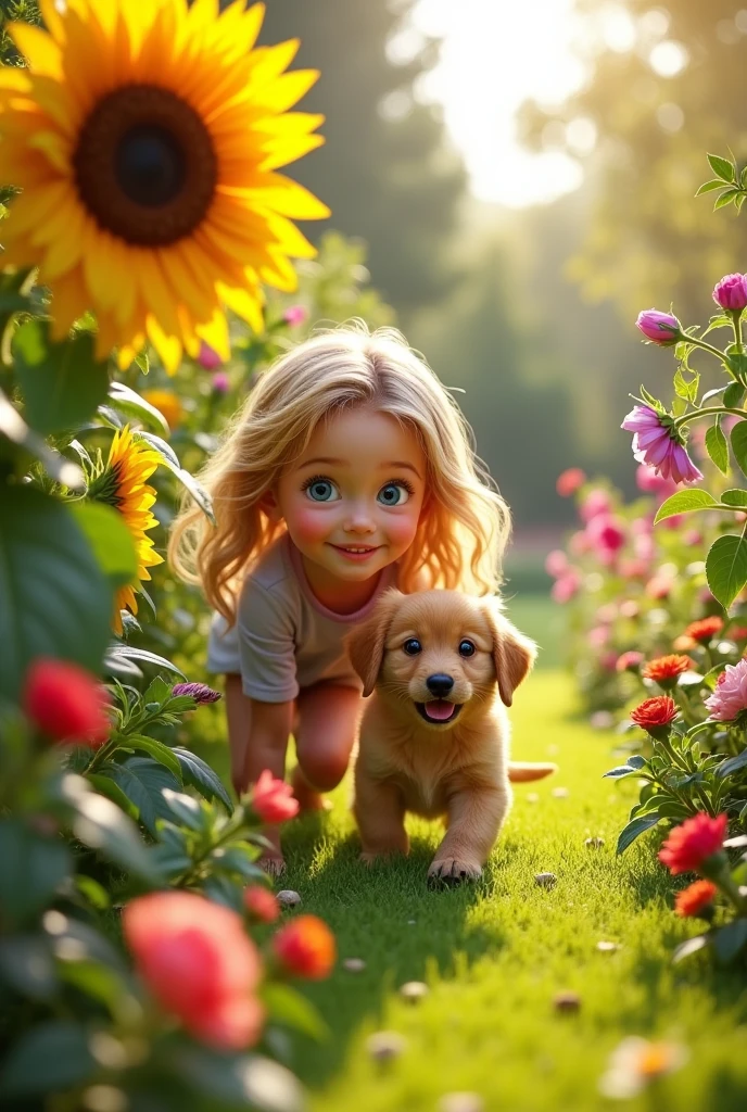 Sofia and her puppy Max are in the garden, playing hide-and-seek. The sun is shining and the flowers around are in full bloom