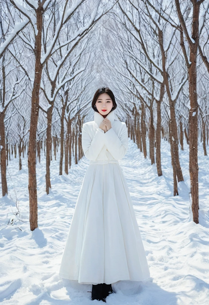 The beautiful Korean woman returned to the large white forest in the snow-covered field.