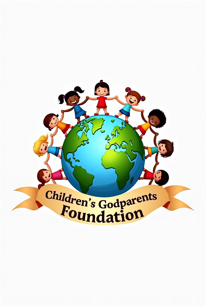 Logo of children holding hands around a planet Earth with a phrase around it that says 'Children's Godparents Foundation'