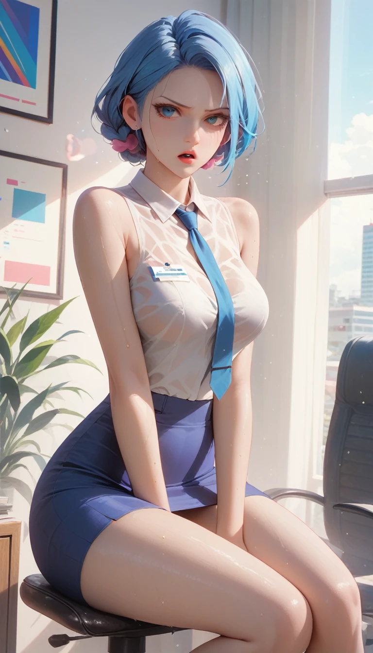 Surrealism, 8k, super detail, UHD, retina, masterpiece, super detail, high details, high quality, best quality, highres, 1080P, HD, 8k, perfect human anatomy, anatomically correct, 1girl, cute, scrunchie, vibrance blue hair, short hair, miss secretary, elegant, annoyed, serious expressions, open mouth, sleeveless shirt, tie, mini skirt, medium breasts, sit, sitting, chair, sweating, very wet, sweatdrop, wet, office background, sexy, office background