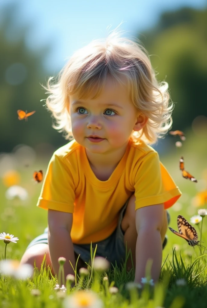 Make a young boy,of age, blonde with blue eyes, very clear skin and in the middle of the field, photo realistic image 