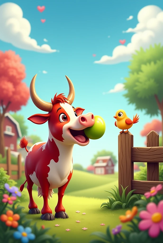 bull brought apple to sparrow in vibrant farm for kids cartoon