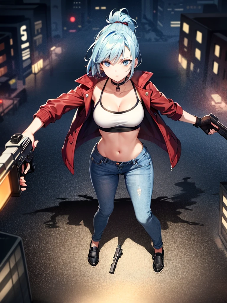 a slender, toned figure girl with bright blue eyes and blue hair in a ponytail, wearing tight jeans, a short jacket, and a top in red, blue, white and black colors, standing in a militant and confident pose with a pistol in her hands and the gun shooting light, against the backdrop of a New York city during the apocalypse with black sludge destroying people behind, with red, white, black, blue lights in the air next to the girl, full body shot from above in a dynamic POV, horror style