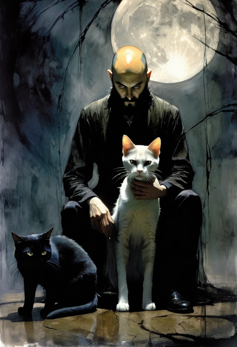 young man and satanic cat, very thin, bald, with black beard, magician, wrapped in dark energies, black energies, magic, moon, black and white image, between shadows, oil painting, chiaroscuro, dramatic lighting, moody atmosphere, photorealistic, intricate details, masterpiece, ultra-detailed, high quality, 8k, best quality, realistic, cinematic, dark and brooding, expressionistic, powerful composition, emotional impact, art inspired by Bill Sienkiewicz and Dave McKean
