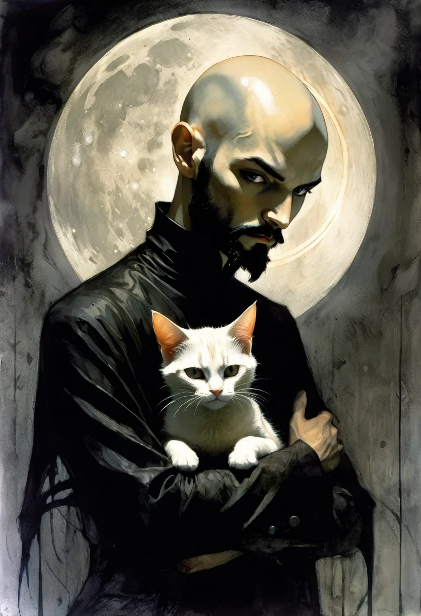 young man and satanic cat, very thin, bald, with black beard, magician, wrapped in dark energies, black energies, magic, moon, black and white image, between shadows, oil painting, chiaroscuro, dramatic lighting, moody atmosphere, photorealistic, intricate details, masterpiece, ultra-detailed, high quality, 8k, best quality, realistic, cinematic, dark and brooding, expressionistic, powerful composition, emotional impact, art inspired by Bill Sienkiewicz and Dave McKean