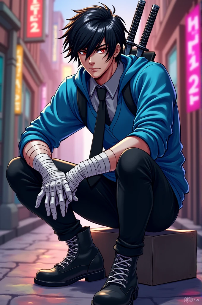 a male character from the video game Skullgirls,black hair, Red eyes, clear skin, blue sweatshirt with sleeves to the elbows, black bandages on the arms and white gloves, black pants with black bandages on the ankles, gray shirt with black tie, two katanas on his back and black and grey boots, 


