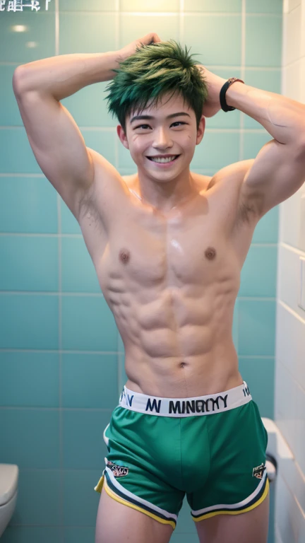 Japanese men、、Well-developed muscles and smooth skin、Fluffy, voluminous, bright green hair、Thin yellow boxer briefs、You can see the whole body from head to toe.、Smiling softly and friendly、Hero Academy、Manly posing in the bathroom
