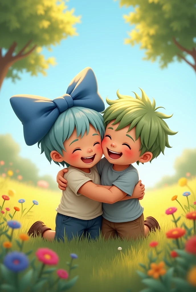 The sweet-faced boy with light blue hair and a blue bow on his head hugs the mischievous-looking boy with light green hair.