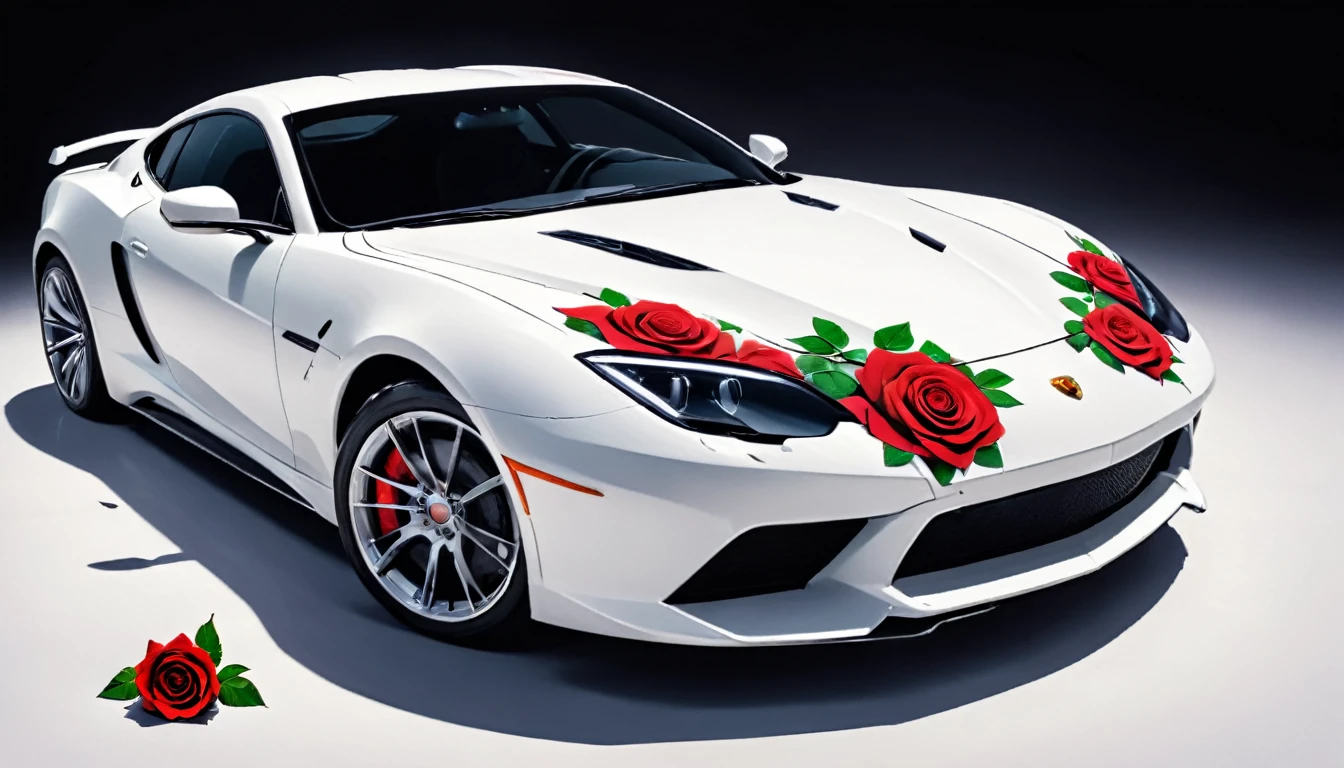 a picture of a (white sports car: 1.4) with (roses: 1.5) imprints on it, dynamic background, Ultra-high resolution, High Contrast, (masterpiece:1.5), highest quality, Best aesthetics), best details, best quality, highres, 16k, (ultra detailed: 1.5), masterpiece, best quality, (extremely detailed) RAW, (ultra details, Masterpiece, best quality), Cinematic Hollywood Film, Flower