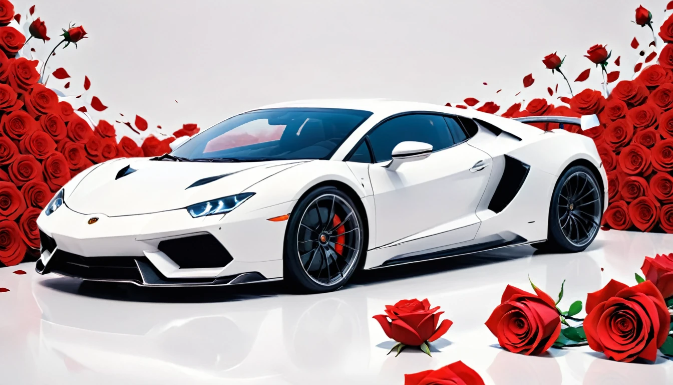 a picture of a (white sports car: 1.4) with (roses: 1.5) imprints on it, dynamic background, Ultra-high resolution, High Contrast, (masterpiece:1.5), highest quality, Best aesthetics), best details, best quality, highres, 16k, (ultra detailed: 1.5), masterpiece, best quality, (extremely detailed) RAW, (ultra details, Masterpiece, best quality), Cinematic Hollywood Film, Flower