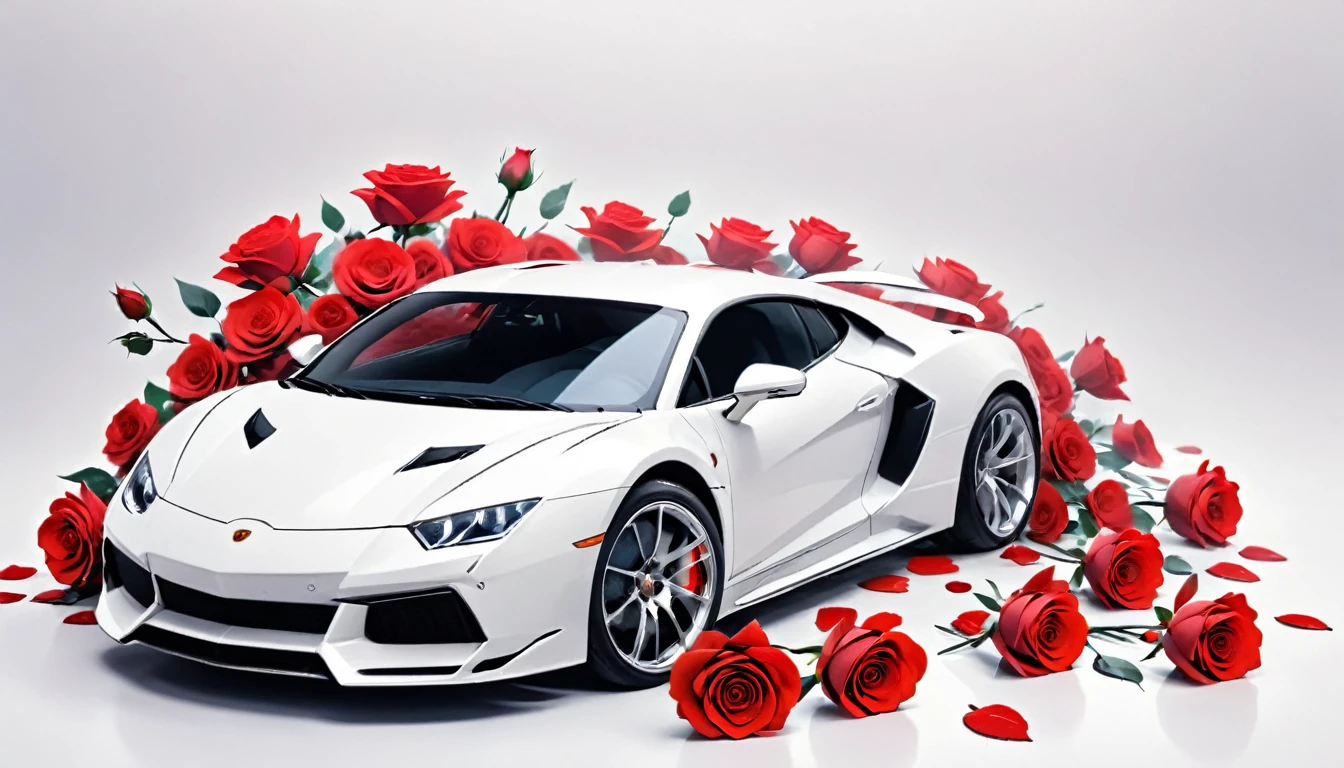 a picture of a (white sports car: 1.4) with (roses: 1.5) imprints on it, dynamic background, Ultra-high resolution, High Contrast, (masterpiece:1.5), highest quality, Best aesthetics), best details, best quality, highres, 16k, (ultra detailed: 1.5), masterpiece, best quality, (extremely detailed) RAW, (ultra details, Masterpiece, best quality), Cinematic Hollywood Film, Flower