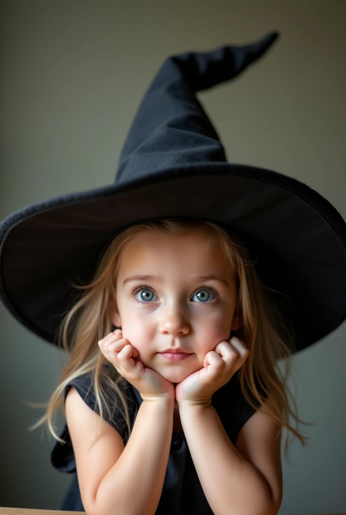 Cute girl, wizard hat, with hands under her chin