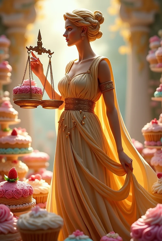 Show me examples of logos that feature the goddess Themis with pastry.
