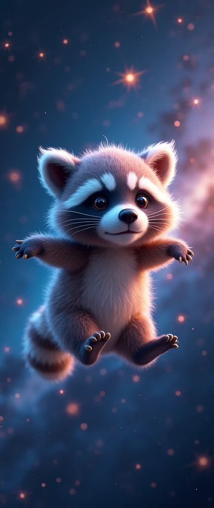A captivating 3D render of an adorably fluffy baby raccoon named Kwicky, floating in outer space. The raccoon is bathed in a radiant cosmic aura, giving it a magical glow. Surrounding Kwicky are countless stars and galaxies, creating a mesmerizing display of celestial bodies. The background depicts a conceptual universe, where different celestial entities coexist, resulting in a whimsical and otherworldly atmosphere., photo, conceptual art, 3d render