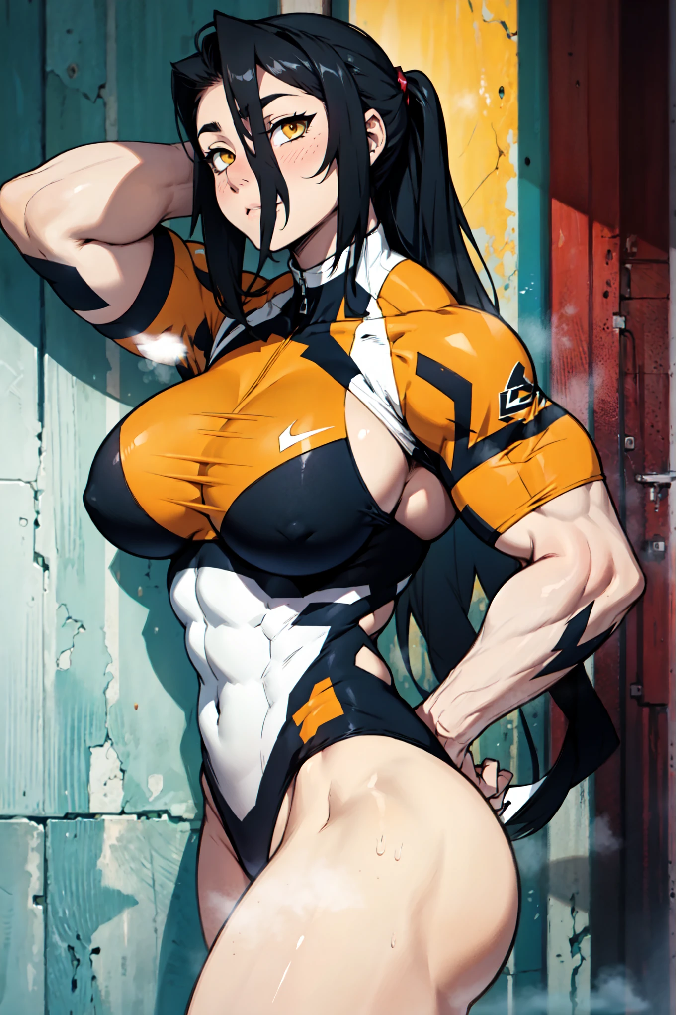 empty eyes embarrassed girl female huge breasts breasts pale skin 1girl muscular toned body huge breasts thick thighs black hair yellow eyes bodybuilder