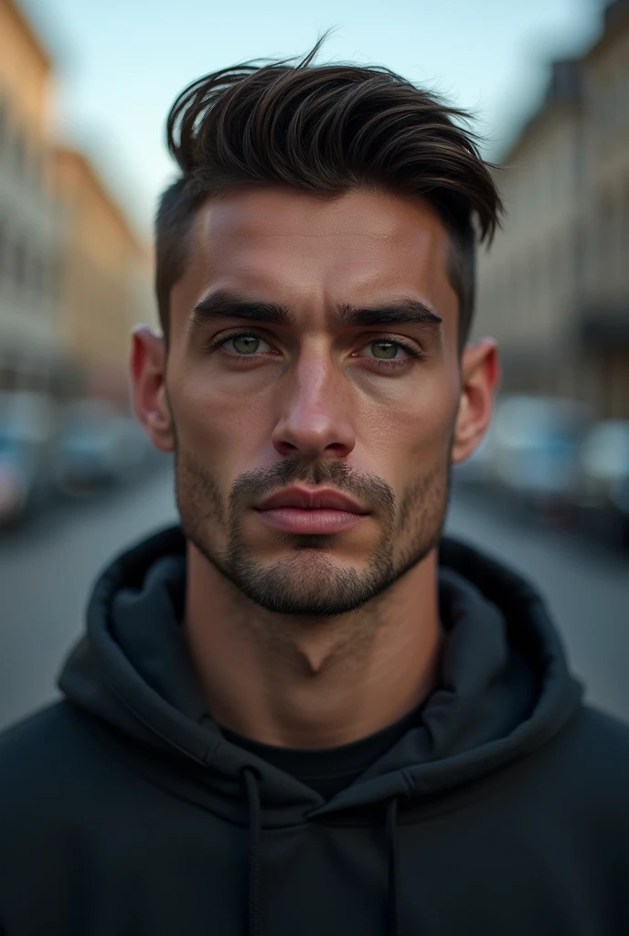 photorealism, ultrarealism, 8k, super detailed, a very handsome man 30 years old, oval shaped face, grey-green eyes, wide forehead, thick eyebrows, thick eye lashes, gloomy glance, wide cheekbones, straight nose with wide nostrils, thin upper lip, thick lower lip, very short dark hair, dimples, sportsman
