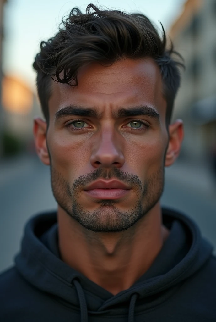 photorealism, ultrarealism, 8k, super detailed, a very handsome man 30 years old, oval shaped face, grey-green eyes, wide forehead, thick eyebrows, thick eye lashes, gloomy glance, wide cheekbones, straight nose with wide nostrils, thin upper lip, thick lower lip, very short dark hair, dimples, sportsman